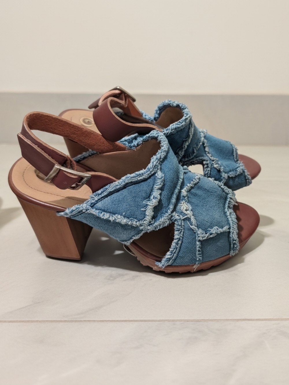 Frayed Denim Slingback Block Heels in Blue